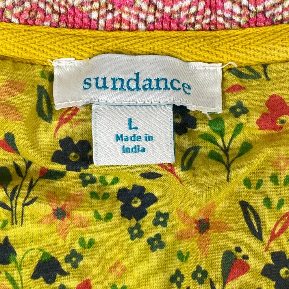 Sundance Women Large Pajama Set Yellow Floral Waffle Knit Cotton Henley Joggers